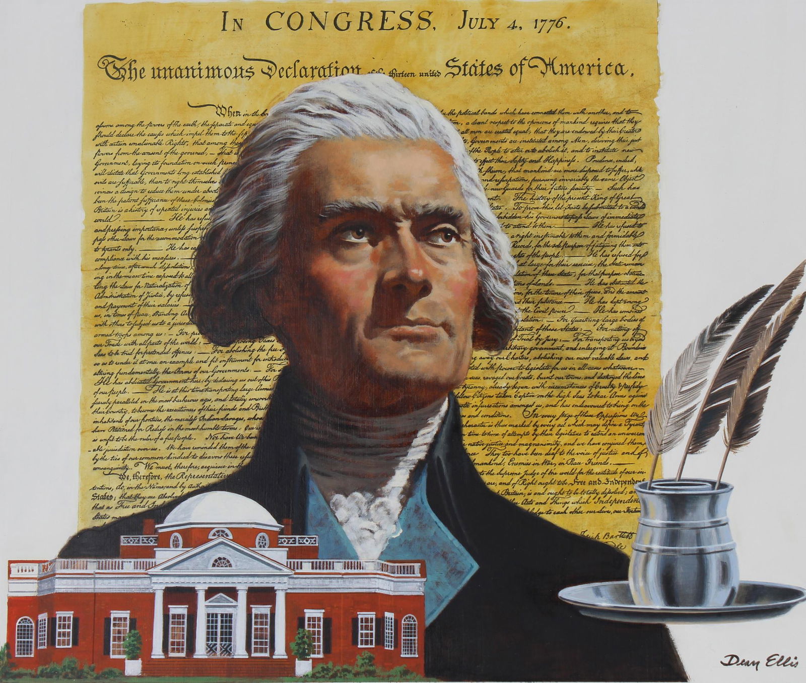 Dean Ellis (1920-2009) "Thomas Jefferson" Original: Dean Ellis (New York, 1920 - 2009) "Thomas Jefferson" Signed lower right. Original Oil painting on Masonite. Provenance: Collection of James A. Helzer (1946-2008), Founder of Unicover Corporation. Thi