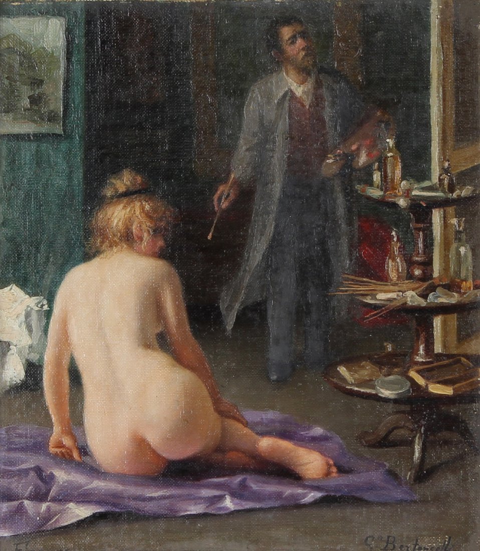 Guilio Bertoncelli (Italy, 1880-1920) Artist & Model: Guilio Bertoncelli (Italy, 1880 - 1920) Artist with a nude model in his studio. Signed lower right. Inscribed "Firenze" lower left. Oil on canvas laid on board. Sight size: 9.5 x 8.5 inchesOverall fra