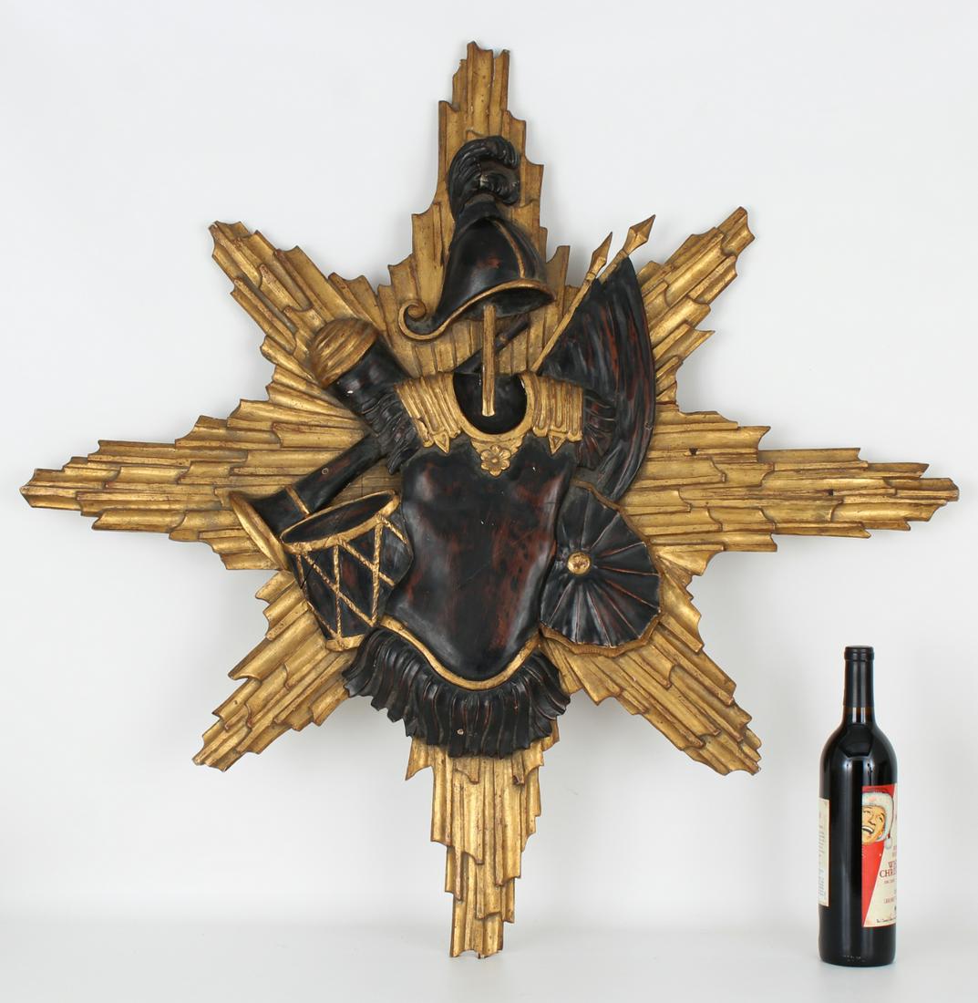 Antique Carved/Gilt Wood Armorial Wall Plaque: Antique Carved/Gilt Wood Armorial Wall Plaque Height: 36 inches.