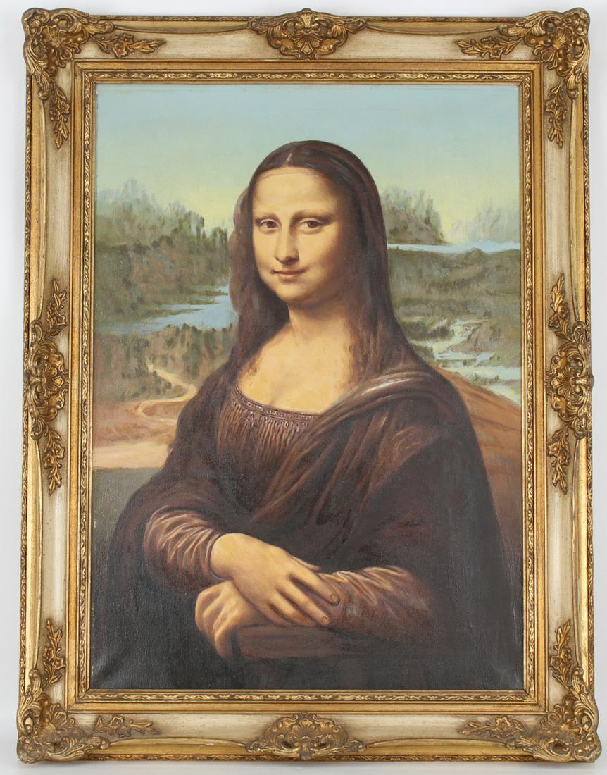 After Mona Lisa, Decorative Oil Painting: After Mona Lisa, Decorative Oil Painting on Canvas. 20th century. Sight size: 28 x 19.5 inches. Overall framed size: 33 x 25 inches.