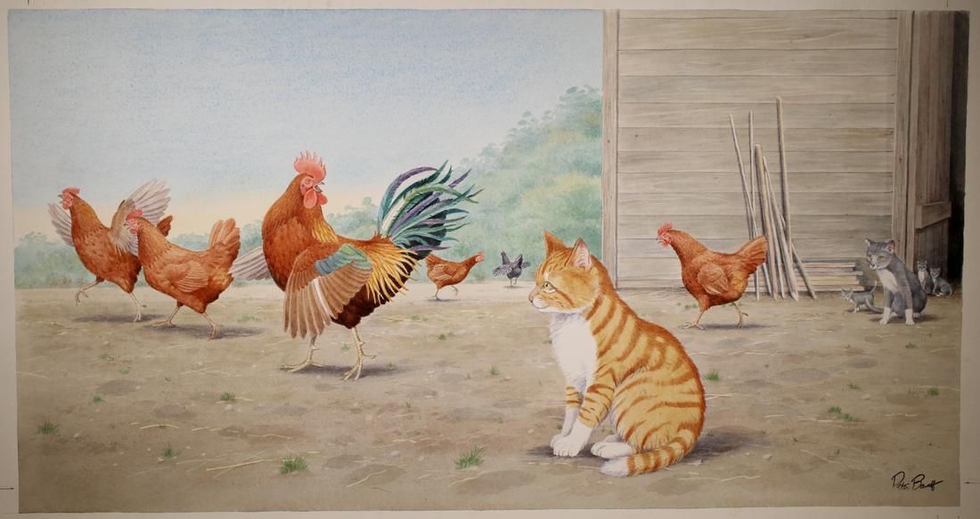 Peter Barrett (British, B 1935) "Life of a Kitten": Peter Barrett (British, B. 1935) "Life of a Kitten" Signed lower right. Watercolor on Paper. Sheet Size: 13.25 x 21.75 in. Unframed.