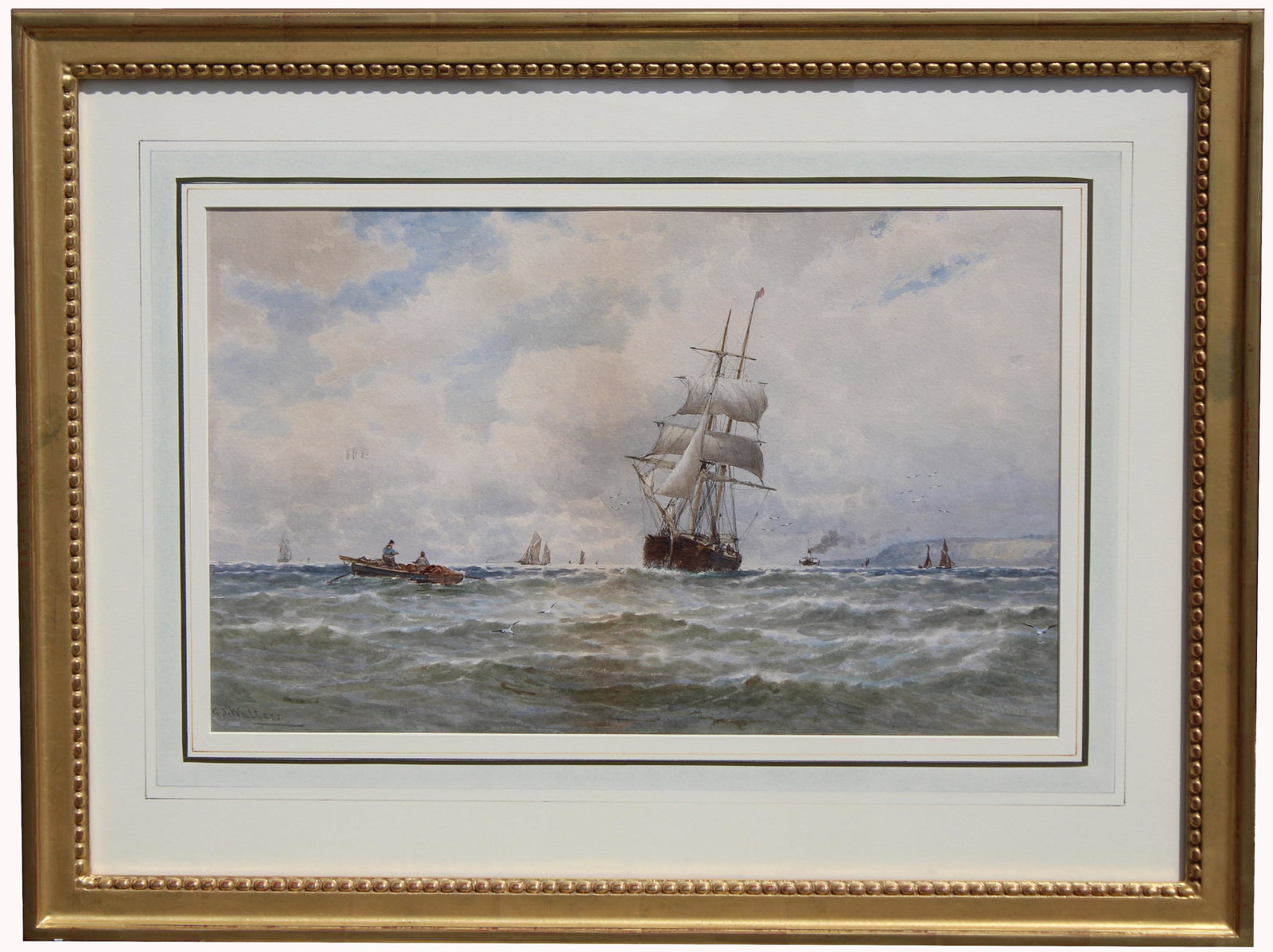 George Stanfield Walters (1838 - 1924): George Stanfield Walters (1838 - 1924) "Fishing Near the Harbor" Signed lower left. Watercolor. Provenance: Marine Arts Gallery, Salem, MA Sight Size: 11.5 x 18.5 in. Overall Framed Size: 20.25 x 27 i