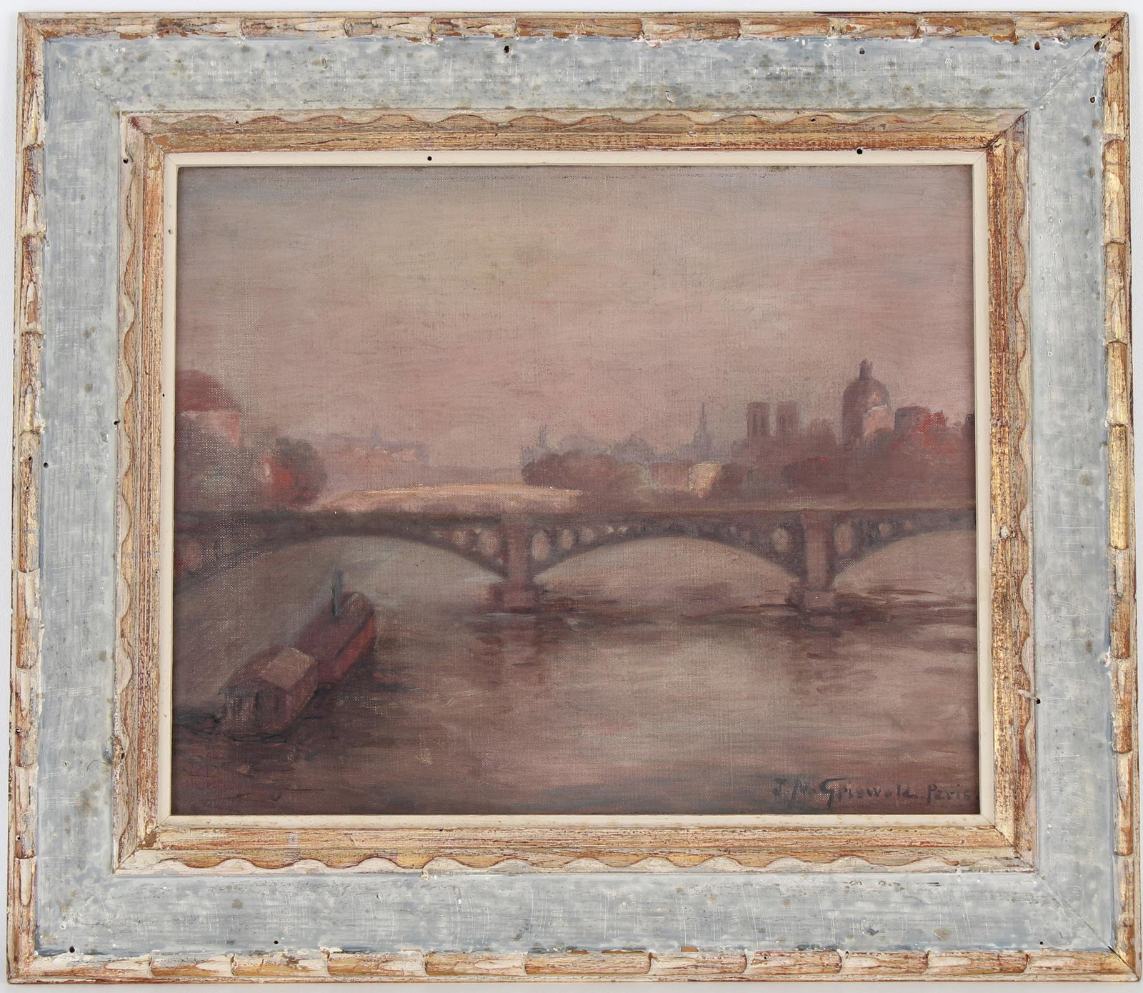 Griswold, "On the Seine, France" Oil Painting: Griswold, "On the Seine, France" Oil Painting of Paris France. Signed and titled lower right and verso. Sight Size: 13 x 16 in. Overall Framed Size: 19 x 22 in.