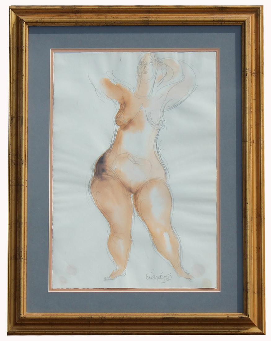 Chaim Gross (NY 1904 - 1991) "Standing Nude": Chaim Gross (NY 1904 - 1991) "Standing Nude" Pencil signed lower right. Watercolor/Graphite on Paper. Sight Size: 19 x 13 in. Overall Framed Size: 26.5 x 20.5 in. Framed behind glass.