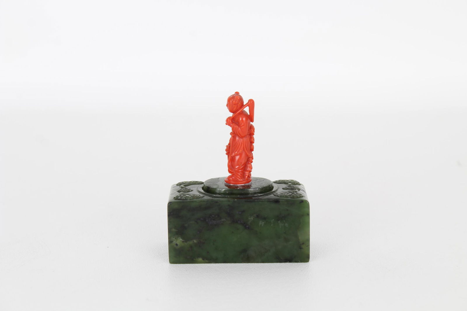 Unusual Carved Coral/Spinach Jade Snuff Box (1 of 6)