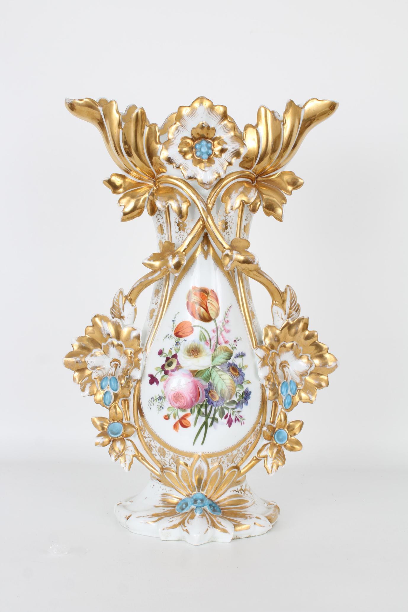19th C. French Gilt Porcelain Floral Vase: 19th C. French Gilt Porcelain Floral Vase. With hand painted, floral arrangement on front of vase. Appears to be unsigned. Height: 16.5 in.