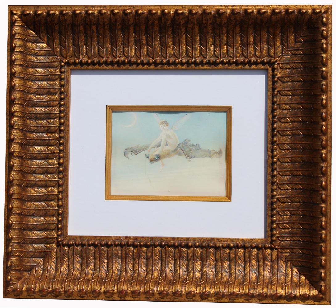 Dora Webb, "Ariel" Exhibited Watercolor: Dora Webb, "Ariel" Exhibited Watercolor painting on paper. With original exhibition label verso. Sight Size: 4 x 5.5 in. Overall Framed Size: 14 x 16 in.