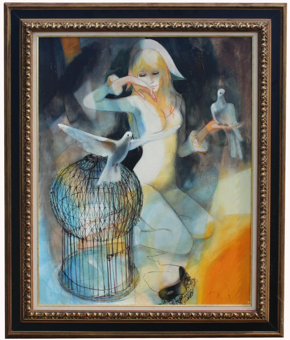 Signed 20th C. French "L'Envol" Painting: Signed 20th C. French "L'Envol" (The Flight) Painting. Oil on Canvas. Signed lower right. Signed, dated ('71) and inscribed verso on Canvas. Saltzman Gallery label verso on canvas. Sight Size: 36 x 29