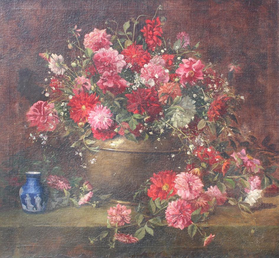 Signed, Antique Still Life Painting: Signed, Antique Still Life Painting. Depicting a bouquet of flowers near a Wedgwood vessel. Signed indistinctly lower left. Oil on canvas. Size: 35 x 38 in. Unframed.