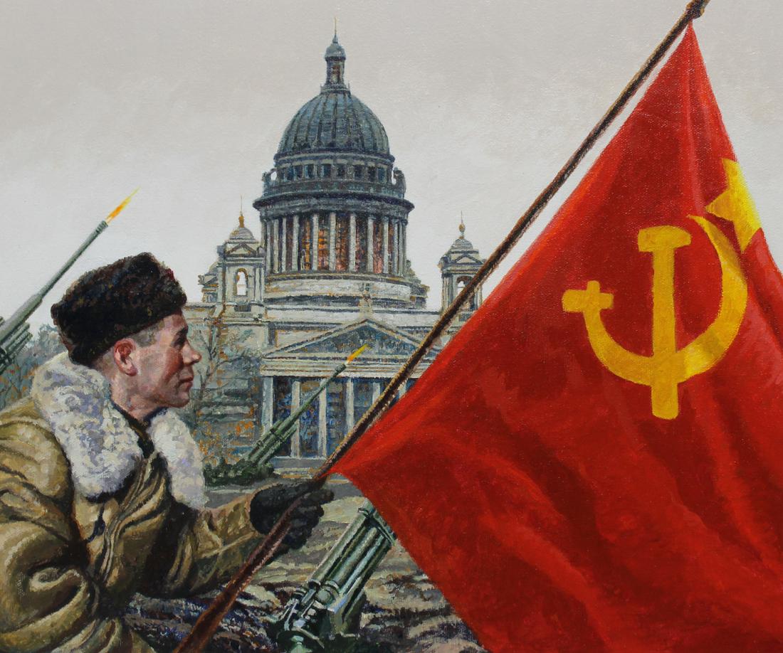 Brian Sanders (B. 1937) Siege of Leningrad Lifted: Brian Sanders (British, B. 1937) "Siege of Leningrad Lifted" Artists notes in margins. Original Oil painting on Canvas. Provenance: Collection of James A. Helzer (1946-2008), Founder of Unicover Corpo