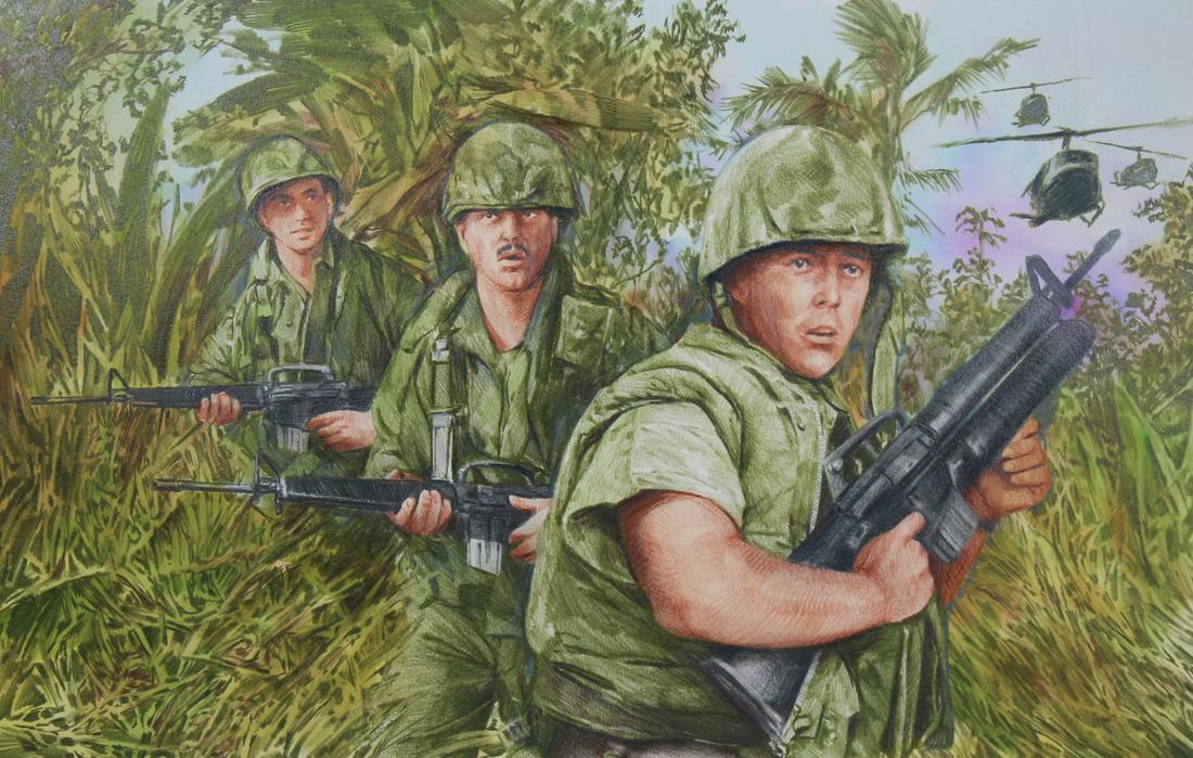 Paul & Chris Calle "Vietnam War" Original: Paul Calle (1928 - 2010) and Chris Calle (B. 1961) "1960s - America Engulfed in Vietnam War". Signed lower right. Original Mixed Media painting on Illustration Board Provenance: Collection of James A.