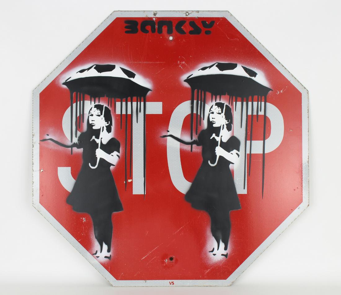 Banksy Style Parking Sign Urban Graffiti Painting: Banksy Style Parking Sign Urban Graffiti Painting. Spray Paint on Stop Sign. Size: 30 x 30 in.