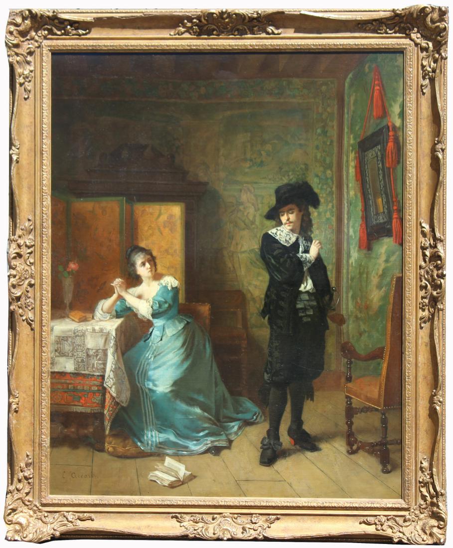 Eugene Accard (France, 1824 - 1888): Eugene Accard (France, 1824 - 1888) "The Cavalier's Proposal" Interior painting with a cavalier and an elegant woman in a lavish setting. Signed lower left. Sight Size: 31 x 24.5 in. Overall Framed Si