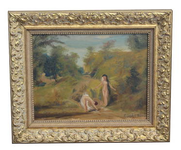 Louis Michel Eilshemius (NY, CA, NJ, 1864 - 1941): Louis Michel Eilshemius (NY, CA, NJ, 1864 - 1941) Oil on board painting of two nudes bathing in a landscape. Signed lower right, dated 1912 lower left. Comes with book on artist. Sight Size: in. Overa