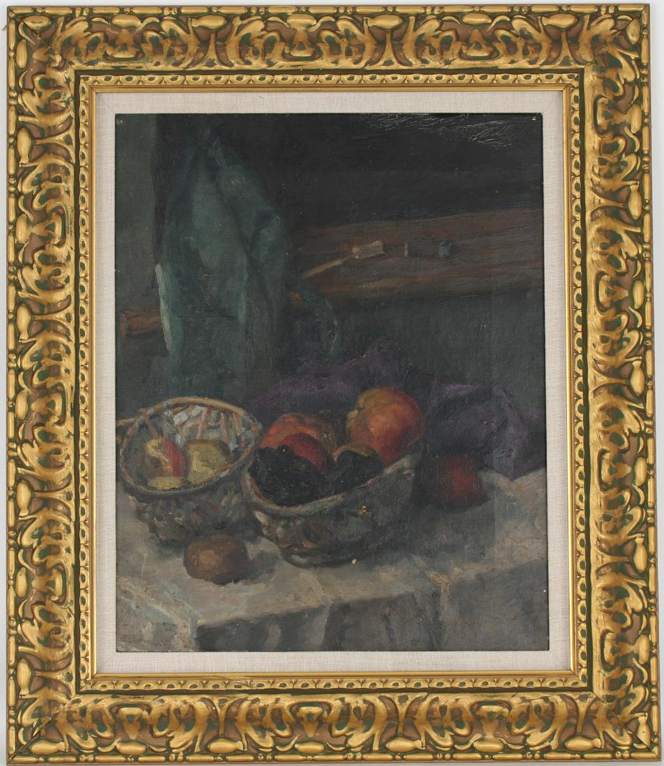 French School, Still Life Painting: French School, Still Life Painting. Oil on Canvas. Bearing signature verso on canvas. Sight Size: 19.75 x 16 in. Overall Framed Size: 27.5 x 23.5 in.