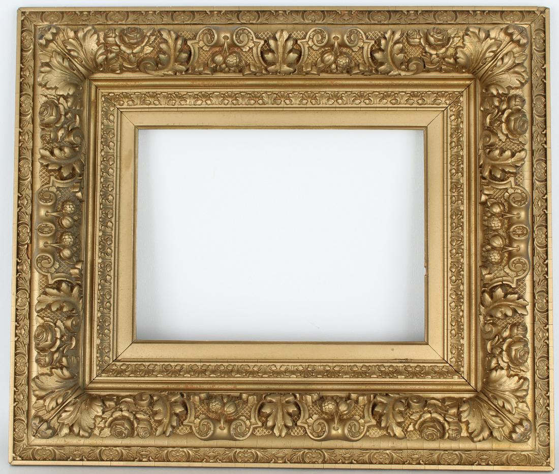 19th C. Carved Giltwood Frame: Rabbet Size: 9.75 x 13 in. Overall Framed Size: 19.75 x 23 in.