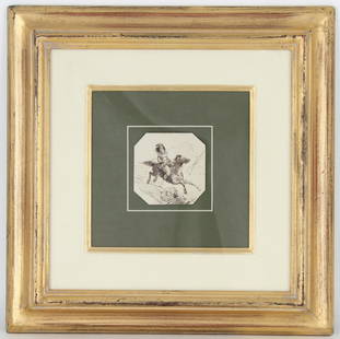 Attri. Alfred Jacob Miller (1810 - 1874): Attributed Alfred Jacob Miller (1810 - 1874). Indian Woman on Horseback at Full Galop. Ink on Paper. Sight Size: 3 x 3 in. Overall Framed Size: 14 x 14 in. Framed behind glass.