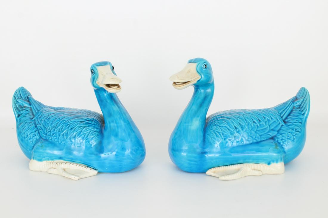 Pair of Blue/White Glazed Seated Ducks: Sizes: 6.5 x 9.5 in.