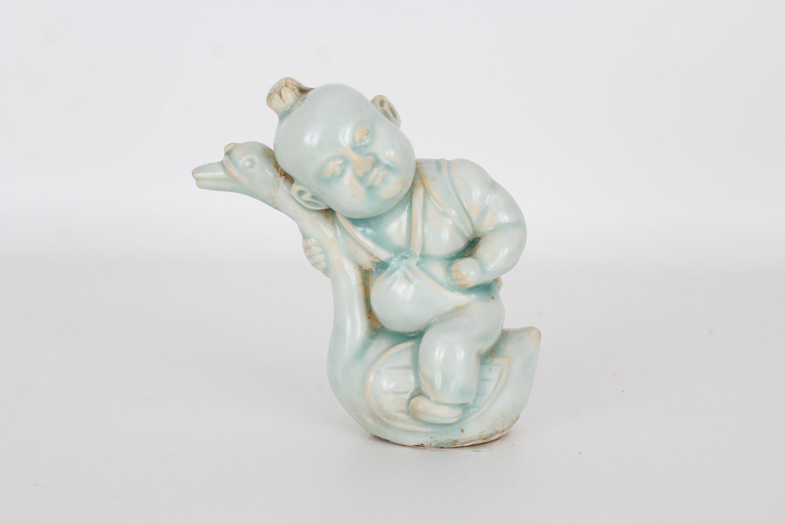 17th C. Chinese Qingbai Figure of Boy & Goose: 17th C. Chinese Qingbai Figure of Boy & Goose. Height: 4.5 in.