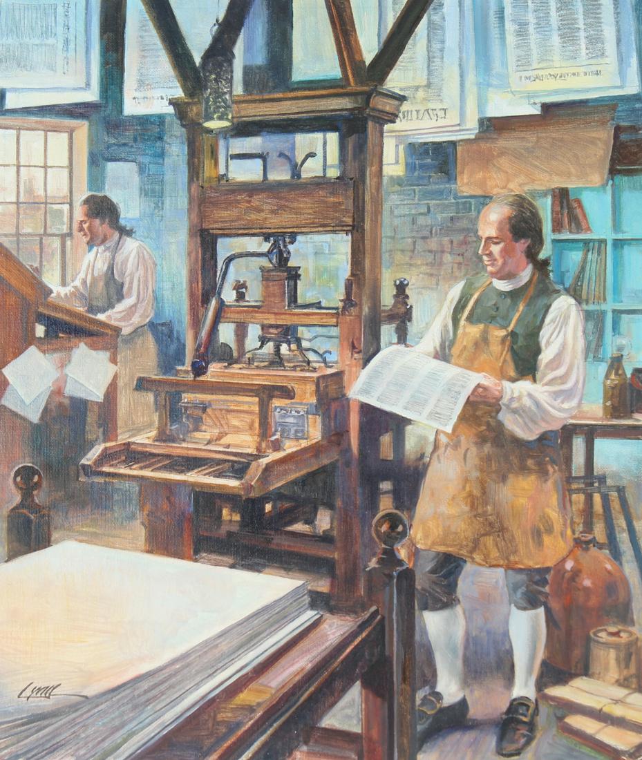 Dennis Lyall (B. 1946) "Printer" Original: Dennis Lyall (American, B. 1946) "Printer" Signed lower left. Original Oil painting on Canvasboard. Provenance: Collection of James A. Helzer (1946-2008), Founder of Unicover Corporation. Image Size: