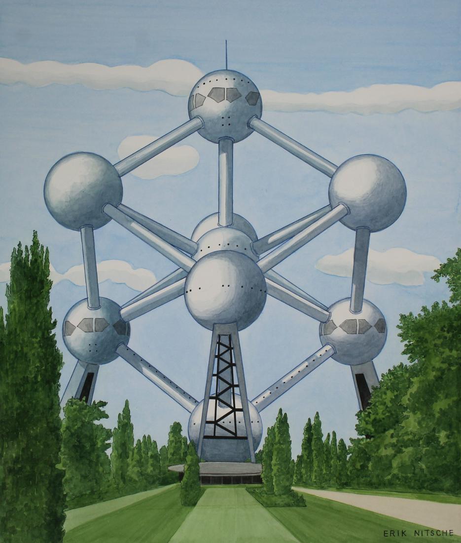 Erik Nitsche (1908-1998)The Atomium in Belgium W/C: Erik Nitsche (Swiss, 1908 - 1998) "The Atomium in Belgium" Signed lower right. Original watercolor/ink painting on Illustration Board. Provenance: Collection of James A. Helzer (1946-2008), Founder of
