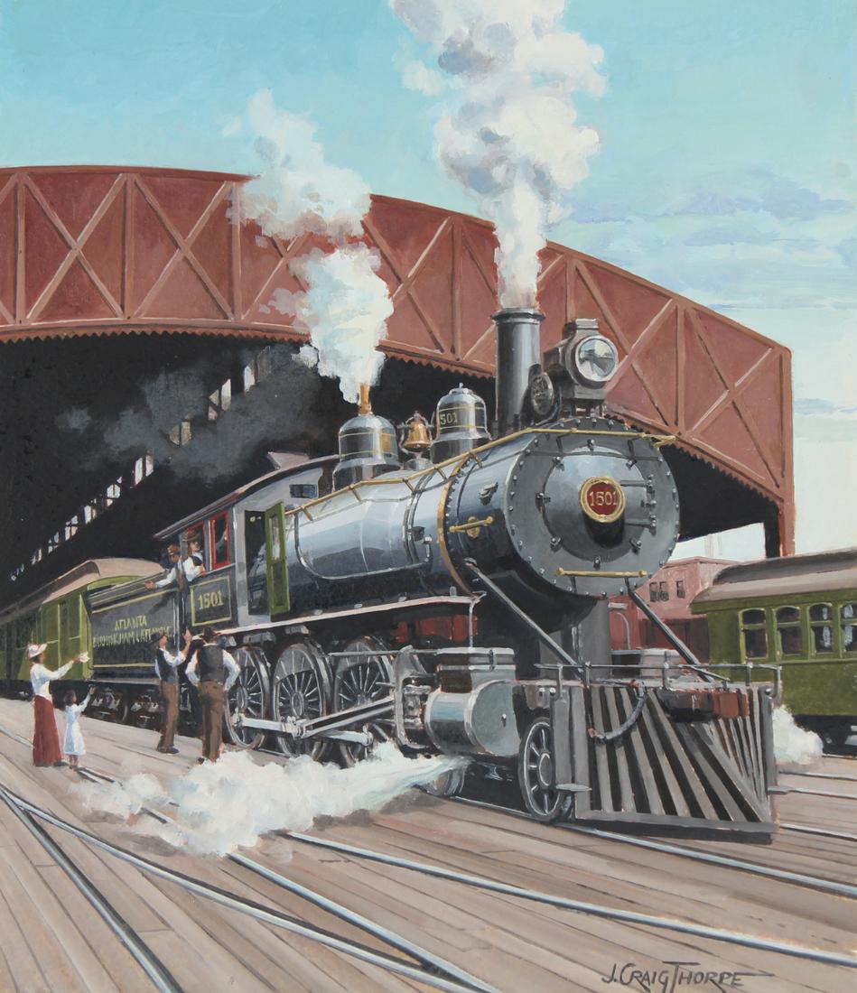 J. Craig Thorpe (B. 1948) "Alabama Locomotive" Oil: J. Craig Thorpe (American, B. 1948) "Alabama Locomotive" Signed lower right. Original Oil painting on Paper. Provenance: Collection of James A. Helzer (1946-2008), Founder of Unicover Corporation. Thi