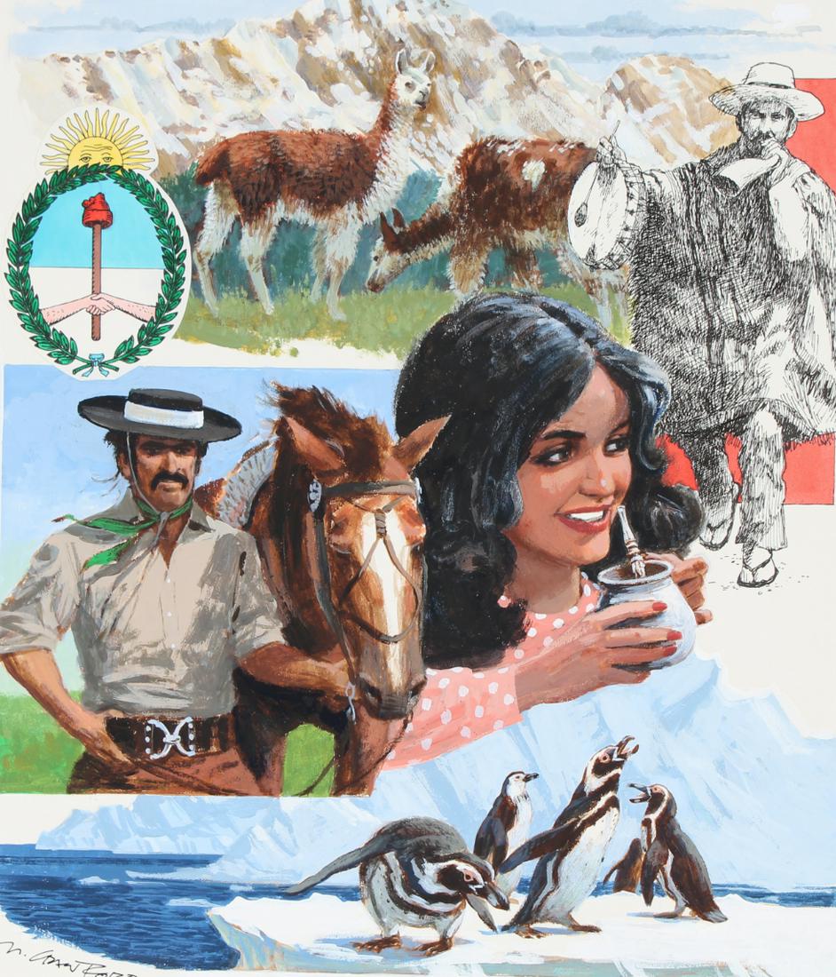 Mel Crawford (B. 1925) "Argentina" Watercolor: Mel Crawford (Canadian, B. 1925) "Argentina" Signed lower left. Original watercolor painting on Illustration Board. Provenance: Collection of James A. Helzer (1946-2008), Founder of Unicover Corporati
