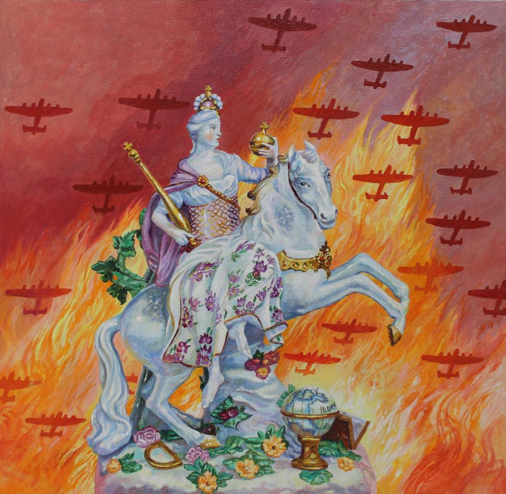 Brian Sanders (B. 1937) "Bombing of Dresden": Brian Sanders (British, B. 1937) "Bombing of Dresden" Oil on Masonite. Provenance: Collection of James A. Helzer (1946-2008), Founder of Unicover Corporation. This is the original painting which appea