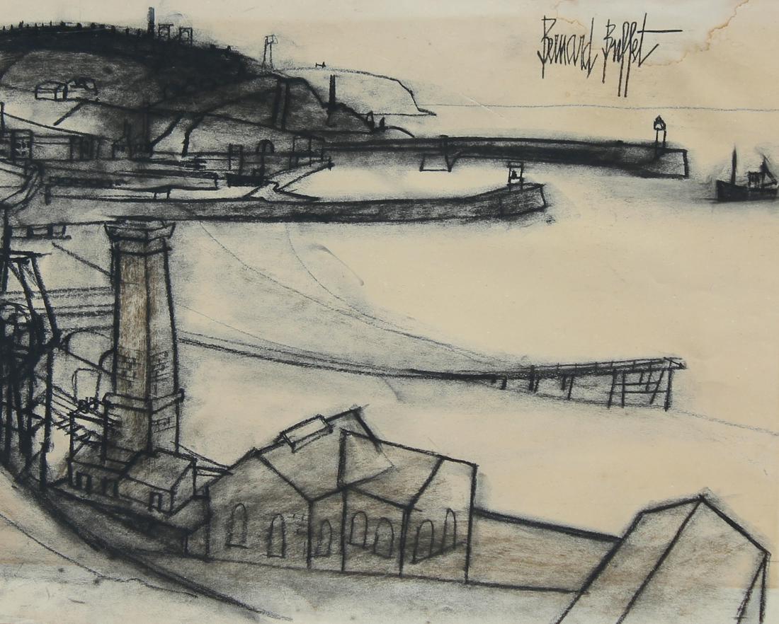French School, (20th C): Harbor Scene. Bears signature upper right. Charcoal on Paper. Sight Size: 18.5 x 23.25 in. Overall Framed Size: in.