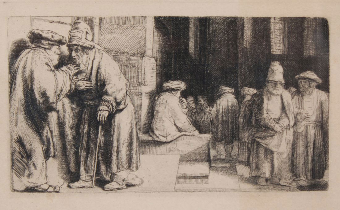 Rembrandt, "Pharisees in the Temple" Etching: Rembrandt Van Rijn, "Pharisees in the Temple" etching and drypoint on laid paper. Partial watermark; Haewood 1366. Signed and dated in the plate upper center Rembrandt.f. 1648. Catalog: Bartsch, Holls