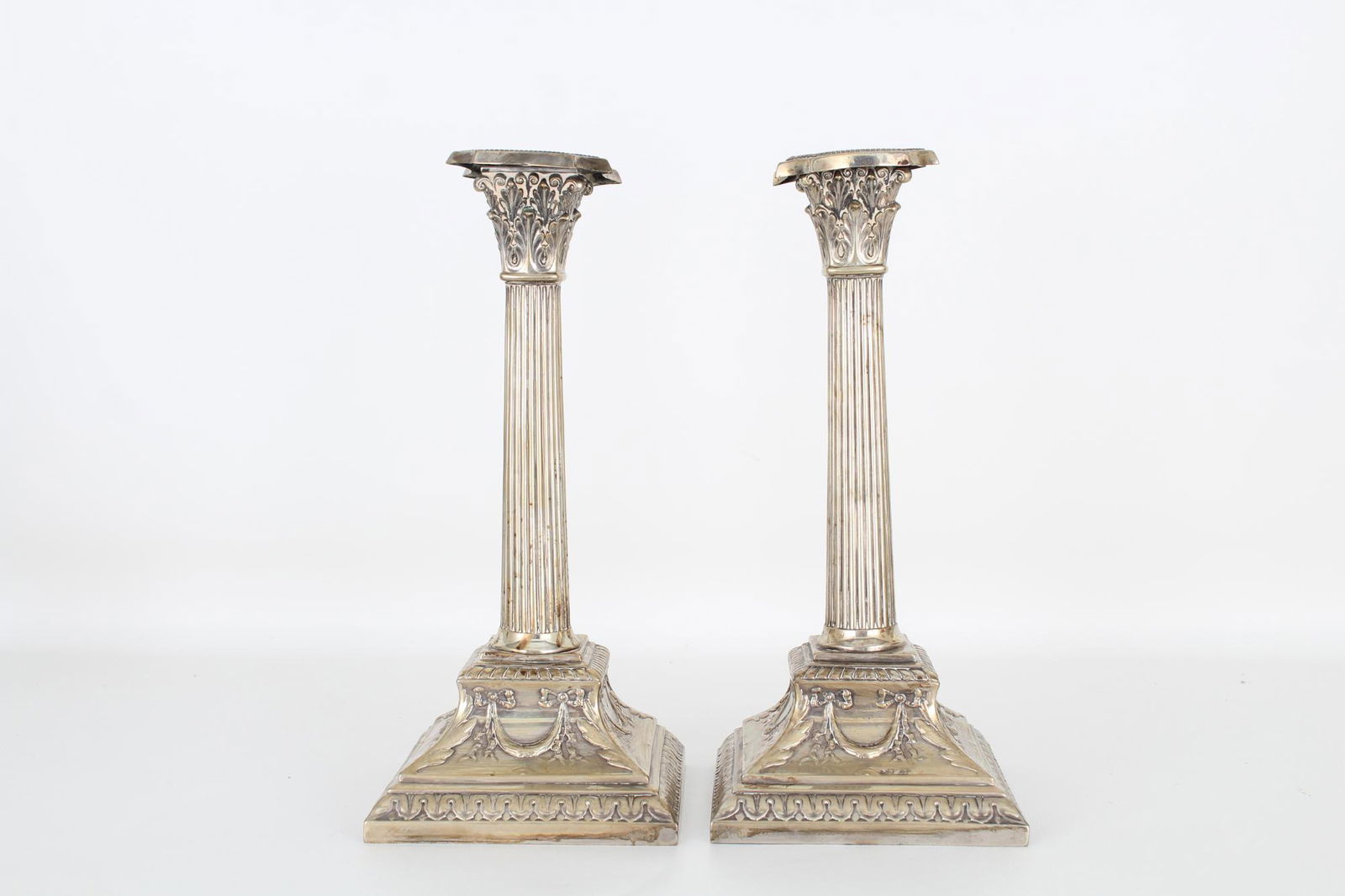 Pair, .800 Silver Corinthian Column Candlesticks (1 of 6)