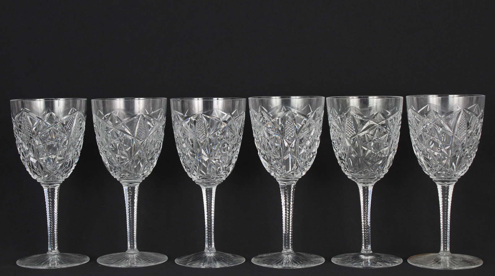 (6) Baccarat 'Bogota' Wine Goblets: (6) Baccarat Wine Goblets. Each marked on bottom. Area of loss on rim of one goblet, restoration to bottom of another goblet. Height: 7.25 in.