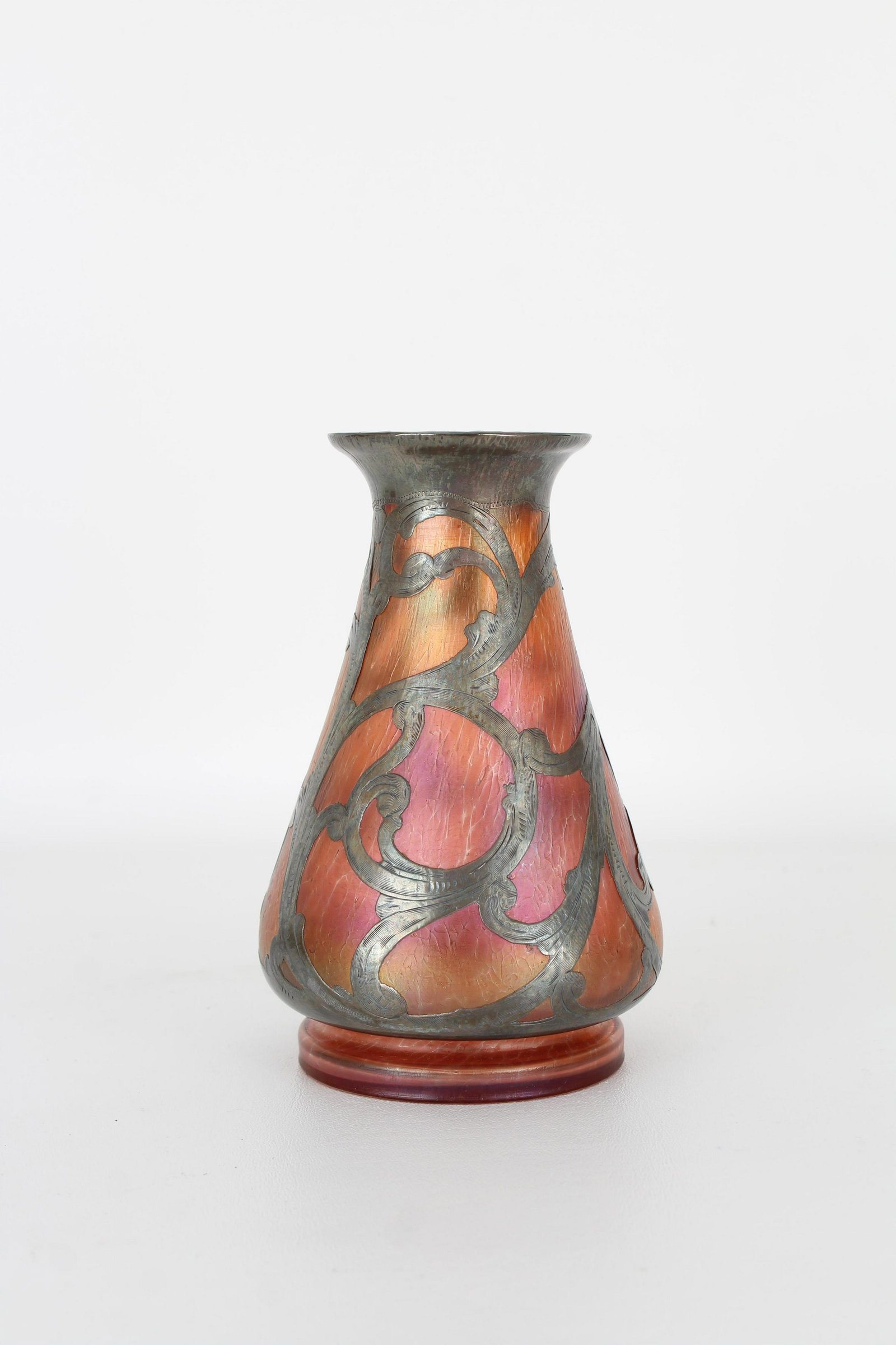 Loetz Art Nouveau Glass Vase: Loetz Art Nouveau Glass Vase with silver overaly. Marked .900 silver near lower portion. Height: 6.75 in.