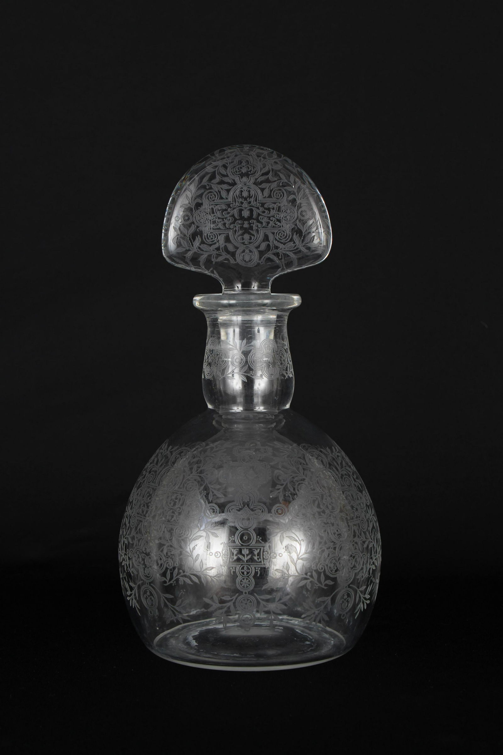 French Baccarat Decanter: French Baccarat Glass Decanter. Marked on bottom. Height: 9 in.