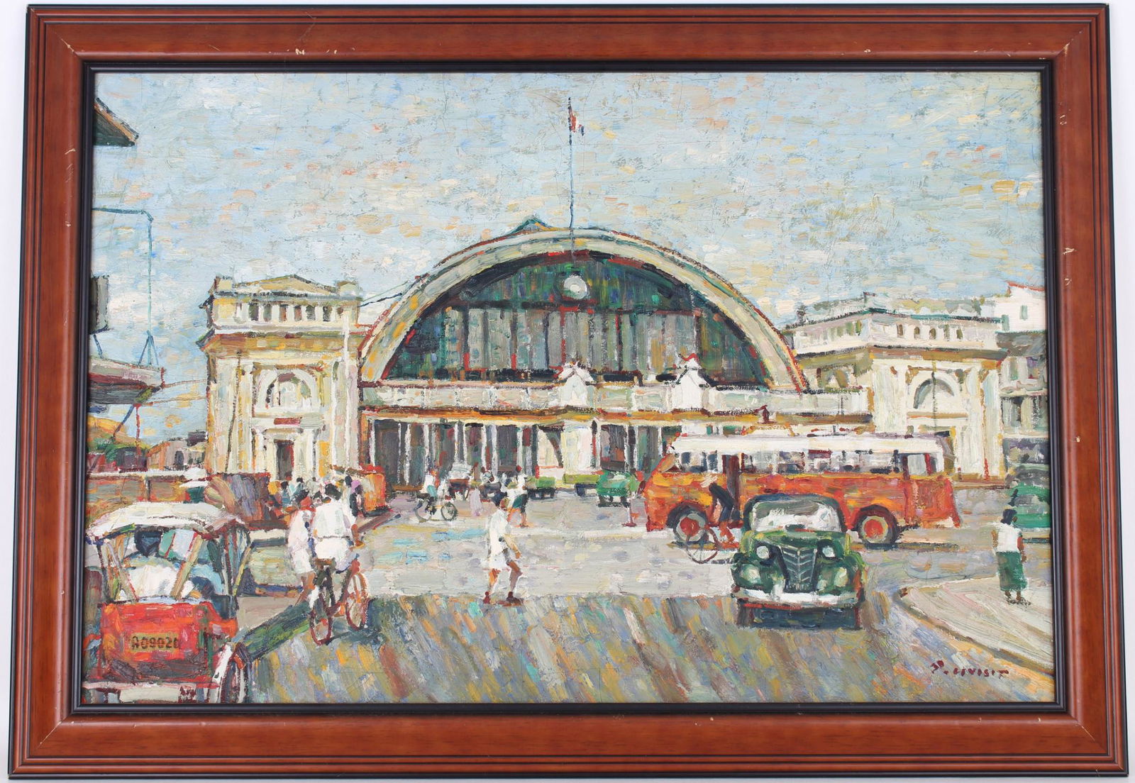 Patamares Livisit (Thailand, 20th C.): Patamares Livisit (Thailand, 20th C.) "City Station" Oil on canvas painting. Signed lower right. Sight Size: 20 x 30 in. Overall Framed Size: 24 x 34 in.