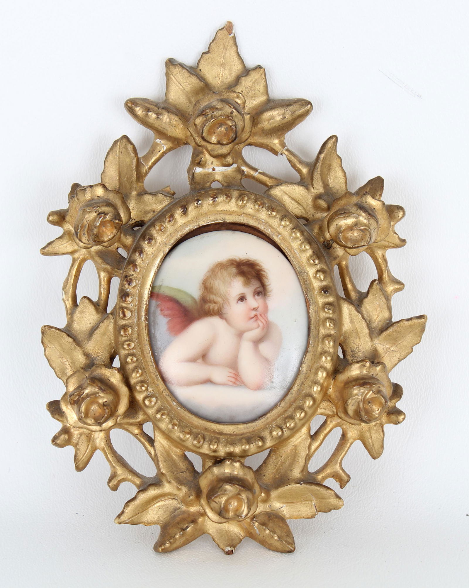 Antique Allegorical Hand Painted Porcelain Plaque: Antique Allegorical Hand Painted Porcelain Plaque Housed in an Ornate Carved/Gilded Frame. Overall Height: 6.25 in.