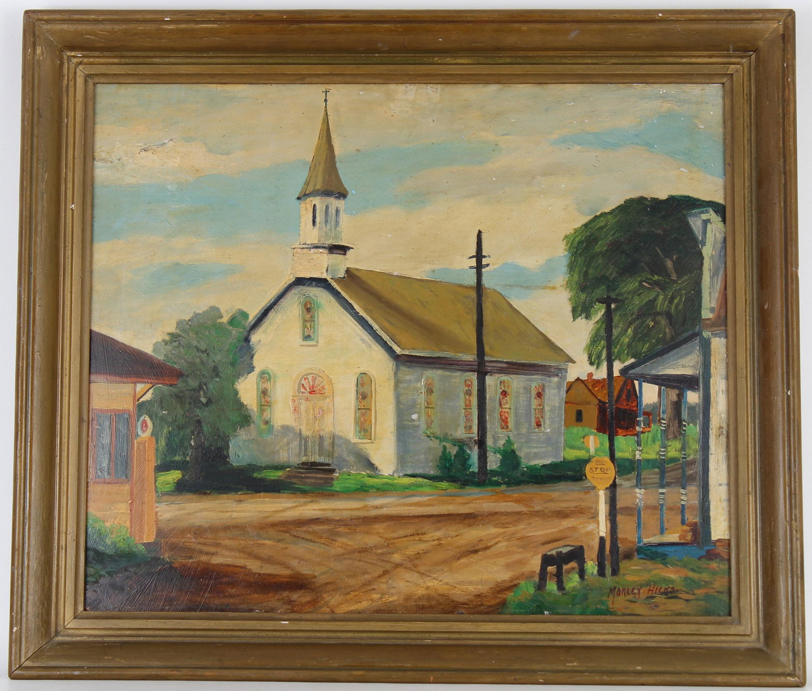 Morley Hicks (1877 - 1959) "Oconto, WI Church": Morley Hicks (American, 1877 - 1959) "Oconto, WI Church" Oil on Board. Signed lower right. Reference code and stamp verso on board. Sight Size: 20 x 24 in. Overall Framed Size: 24 x 28 in.
