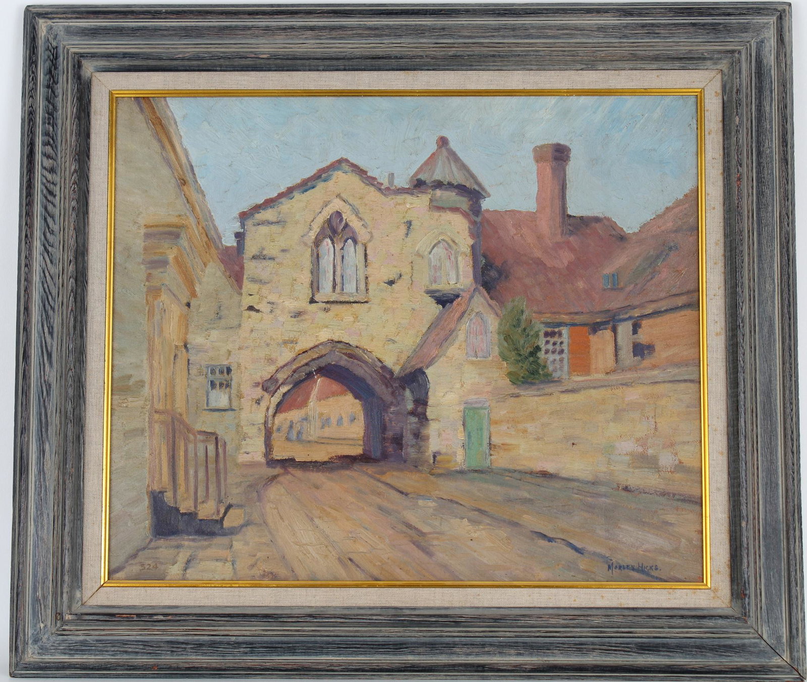 Morley Hicks (1877 - 1959) "St. Anne's Gate": Morley Hicks (American, 1877 - 1959) "St. Anne's Gate" Oil on Board. Signed lower right. Reference code and titled verso on board. Sight Size: 20 x 24 in. Overall Framed Size: 27 x 31 in.