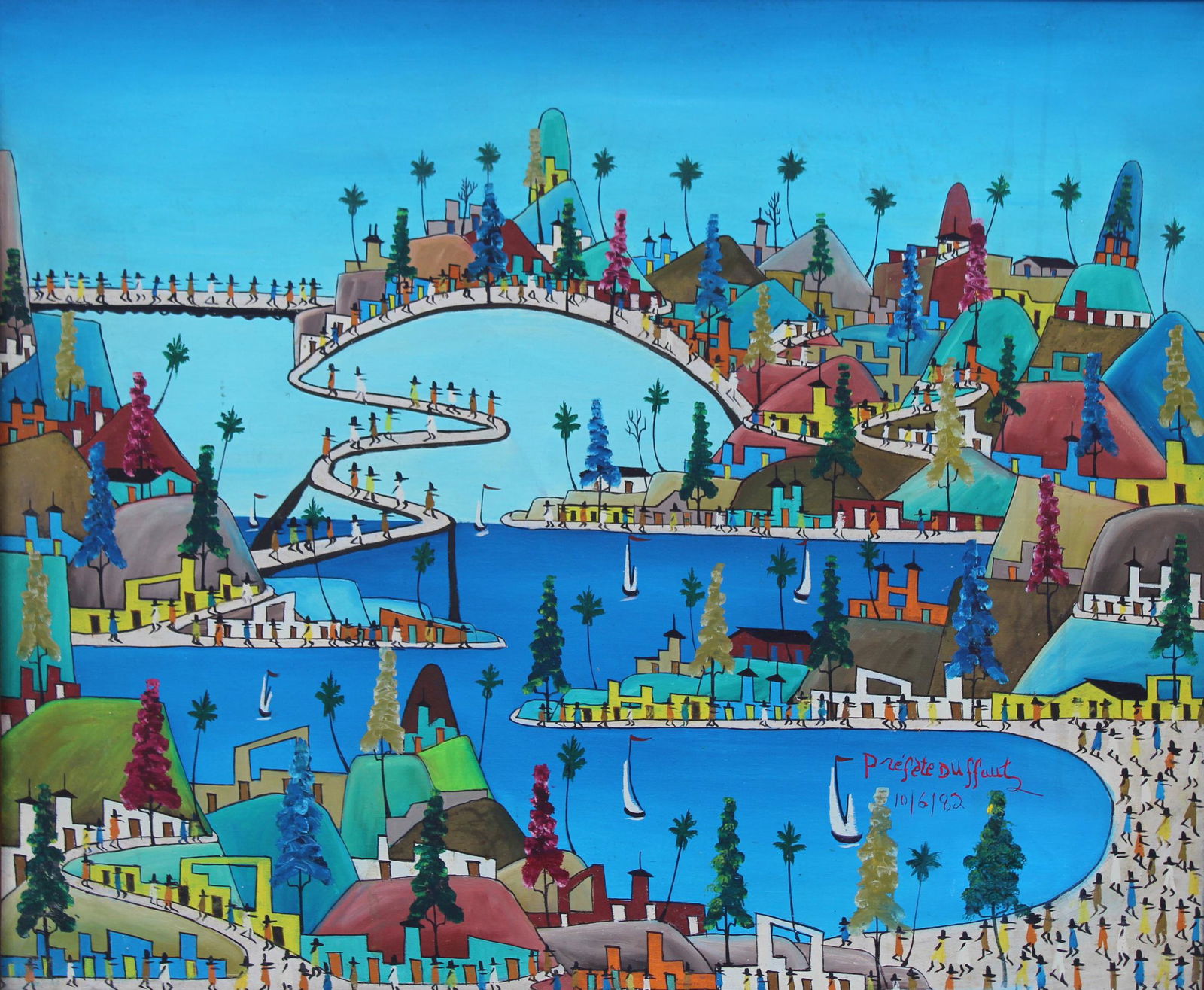 Prefete Duffaut (Haitian, 1923-2012): Prefete Duffaut (Haitian, 1923-2012) Signed and dated 1982 lower right. Oil on Canvas. Sight Size: 20 x 24 in. Overall Framed Size: 27 x 31 in.