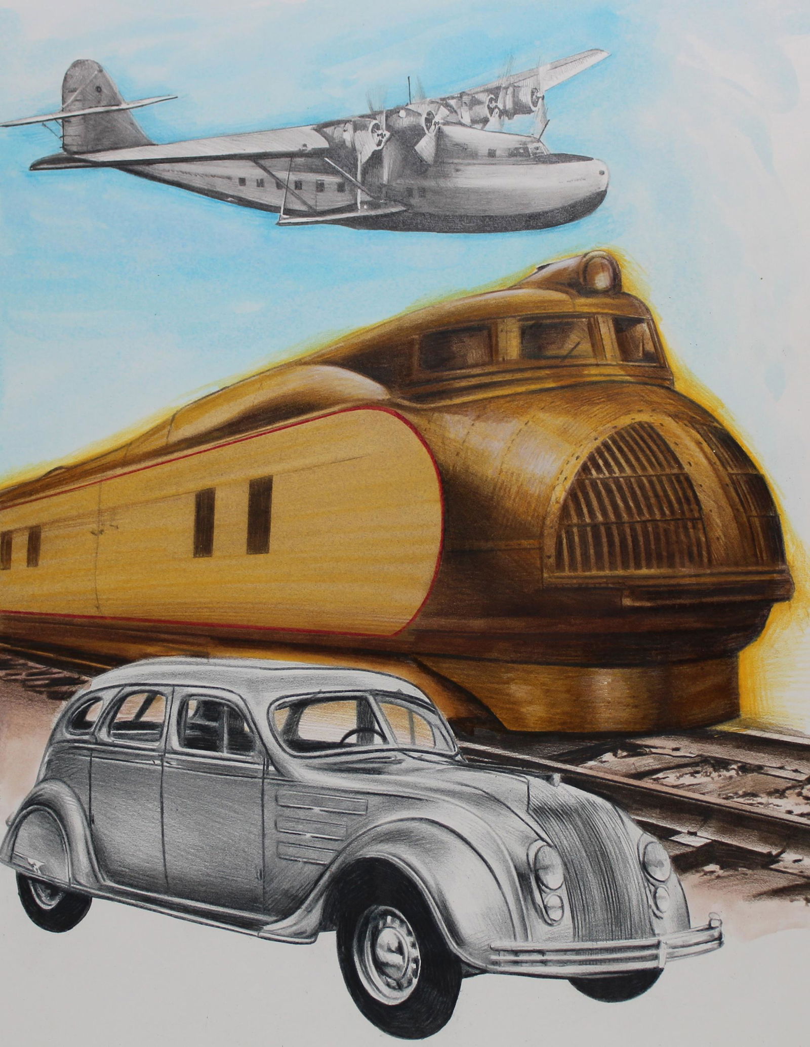 Paul & Chris Calle "1930s - Streamlined Design": Paul Calle (American, 1928 - 2010) and Chris Calle (American, B. 1961) "1930s - Streamlined Design" Signed lower right. Original Mixed Media painting on Illustration Board. Provenance: Collection of J