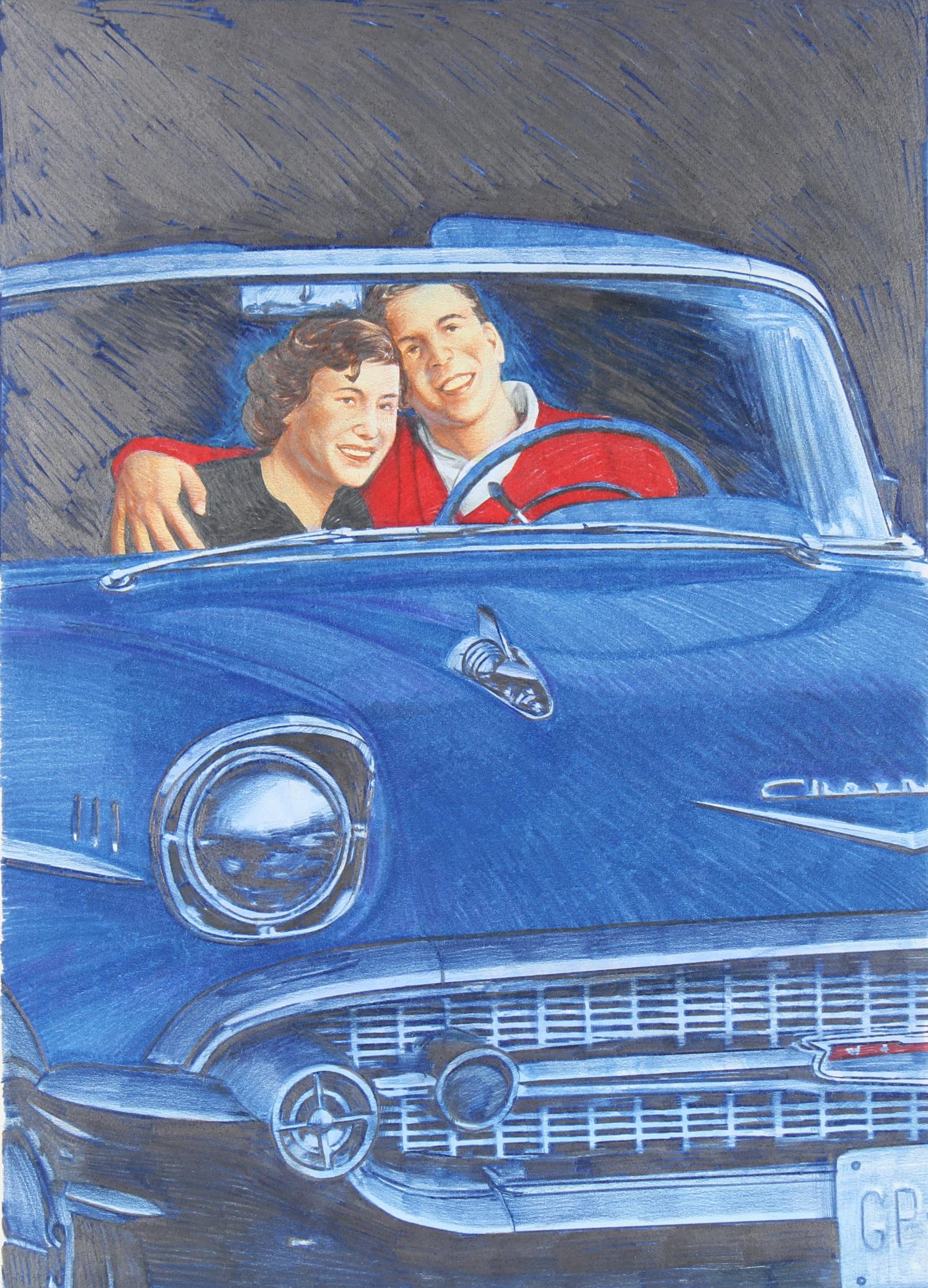 Paul & Chris Calle "1950s - Drive-In Movies": Paul Calle (1928 - 2010) and Chris Calle (B. 1961) "1950s - Drive-In Movies" Signed lower right. Original Mixed Media painting on Illustration Board. Provenance: Collection of James A. Helzer (1946-20