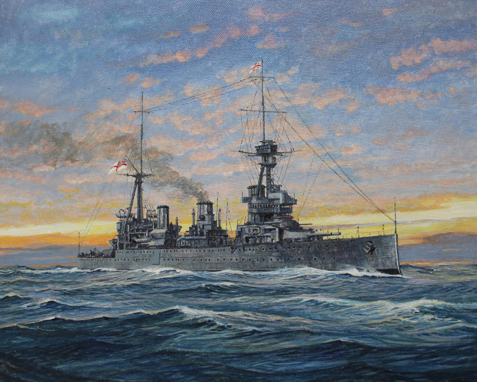 Brian Sanders (B. 1937) "HMAS Australia" Original: Brian Sanders (British, B. 1937) "HMAS Australia" Signed lower right. Original Oil painting on Canvas Board. Provenance: Collection of James A. Helzer (1946-2008), Founder of Unicover Corporation. Thi