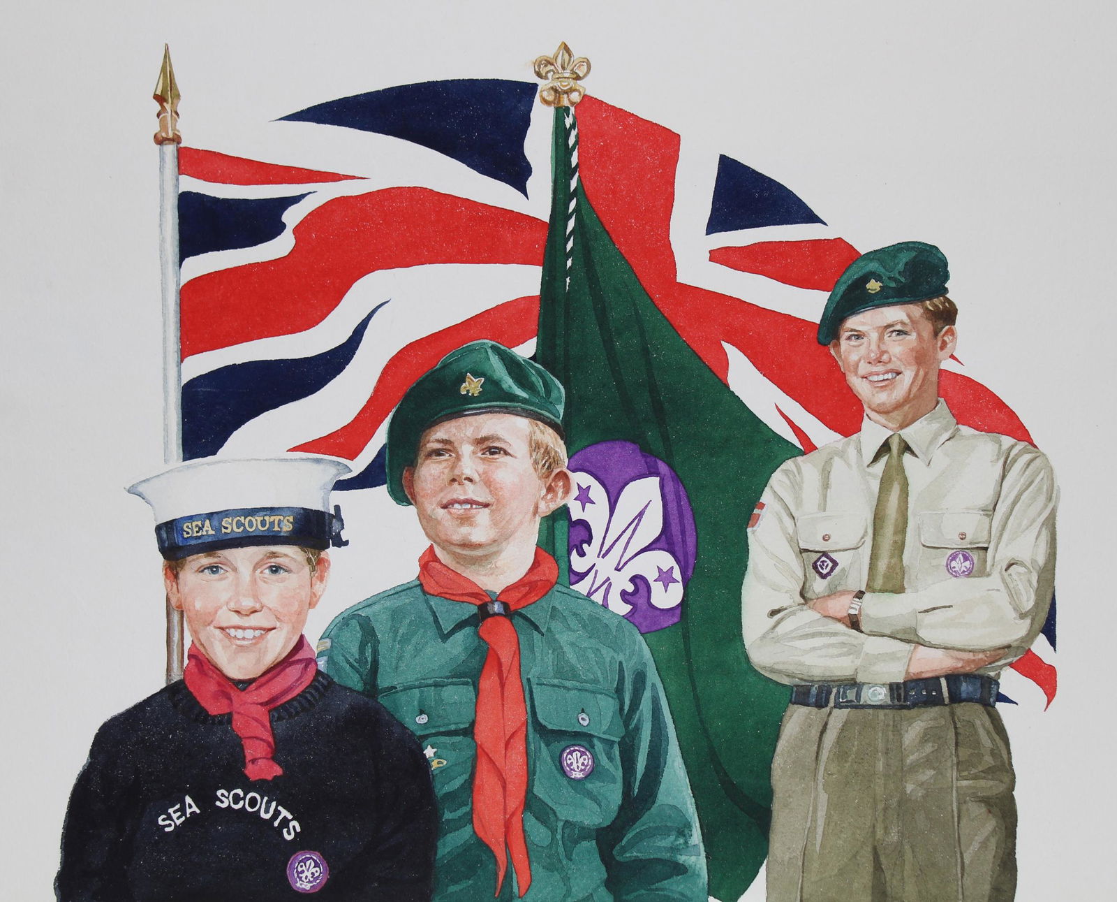 Brian Sanders (B. 1937) "Boy Scouts" Original: Brian Sanders (British, B. 1937) "Boy Scouts" Watercolor on Paper. Provenance: Collection of James A. Helzer (1946-2008), Founder of Unicover Corporation. This painting is the original appeared on the