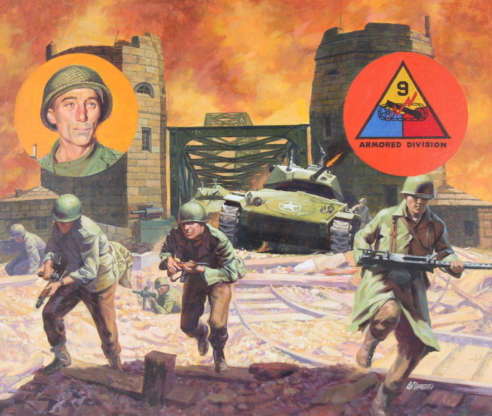 Shannon Stirnweis (B. 1931) "Remagen Bridge Taken": Shannon Stirnweis (B. 1931) "Remagen Bridge Taken by U.S. Forces" Signed lower right. Original Oil painting on Illustration Board. Provenance: Collection of James A. Helzer (1946-2008), Founder of Uni