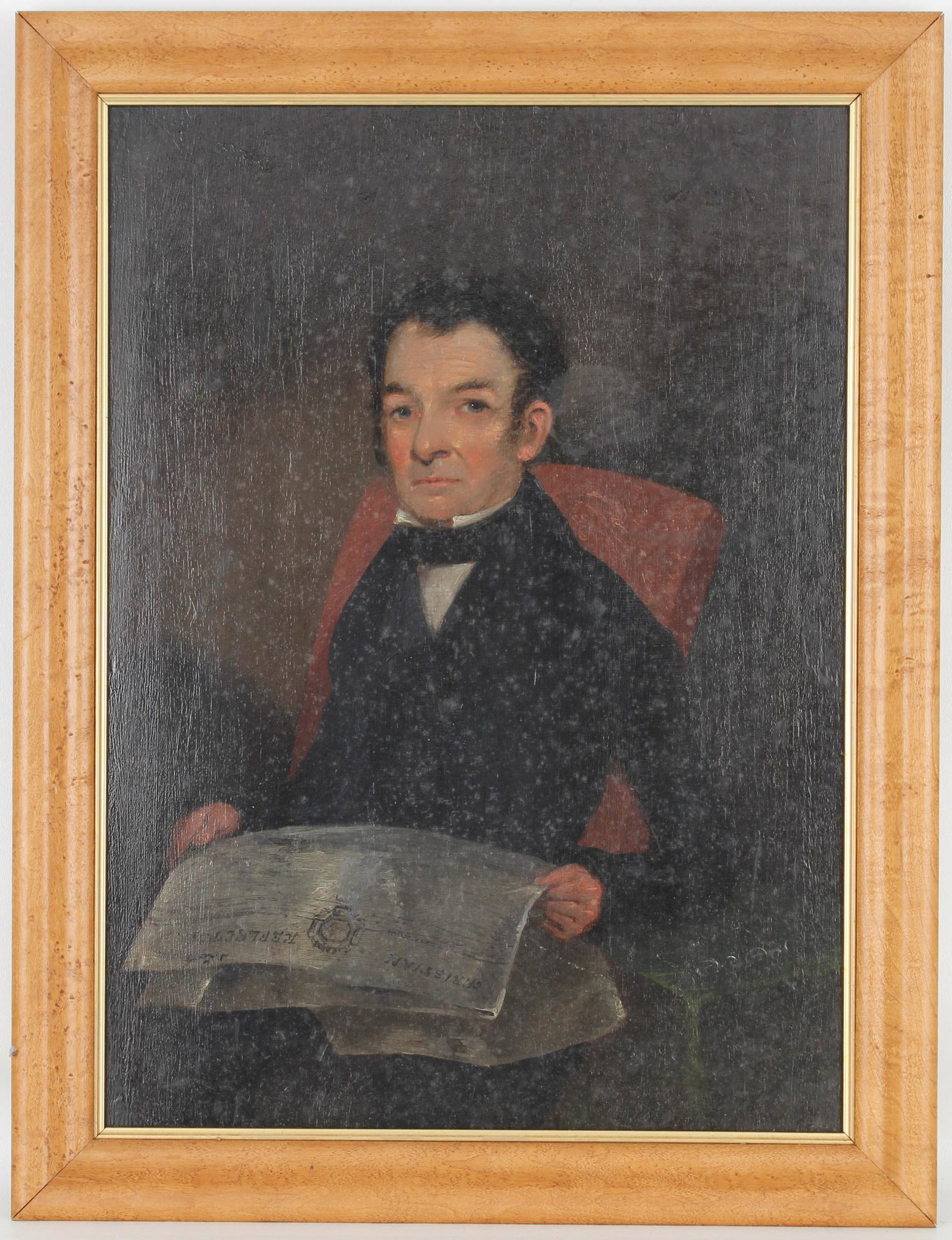 19th Century Portrait of a Gentleman: 19th Century Portrait of a Gentleman. Oil on board. Appears to be unsigned. Housed in a later added frame. Sight Size: 19 x 13.5 in. Overall Framed Size: 23 x 17 in.