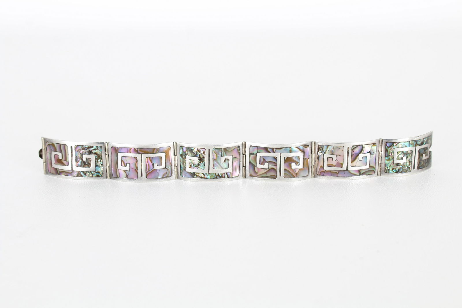 Mexican Silver & Abalone Inlay Bracelet: Mexican Silver & Abalone Inlay Bracelet. Stamped on inside of bracelet. Length: 7 in. Weight: 18.4 g