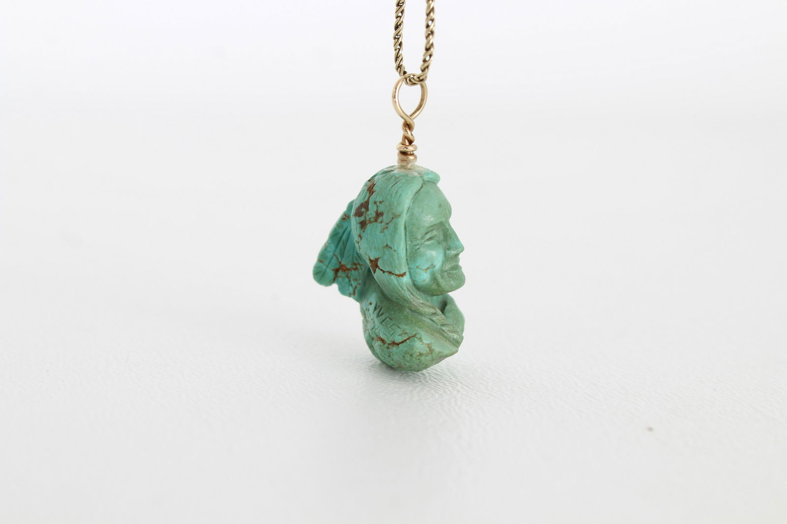 Turquoise Carved Indian Head Pendant & 14K Chain (1 of 3)