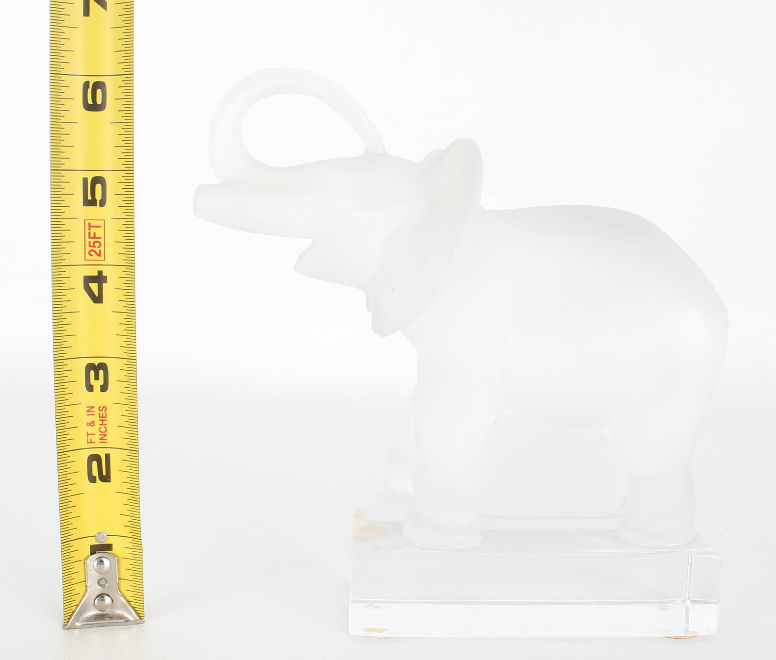 Lalique Frosted Glass Elephant Figurine: Lalique Frosted Glass Elephant Figurine. Signed on base. Size: 6 x 6.5 in.