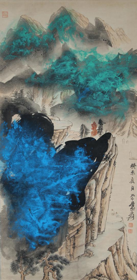 Chinese Scroll Painting, Signed: Chinese Watercolor/Ink Scroll Painting. Signed upper right and verso. Image size: 52 x 25.5 inches.