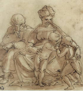 Luca Cambiaso (Italian 1527-1585): Luca Cambiaso (Italian 1527-1585) The Holy Family with St. John. Pen and ink drawing with brown wash on laid paper with Adolf Gluenstein collectors stamp; lower left. Provenance: Adolf Gluenstein (Ham